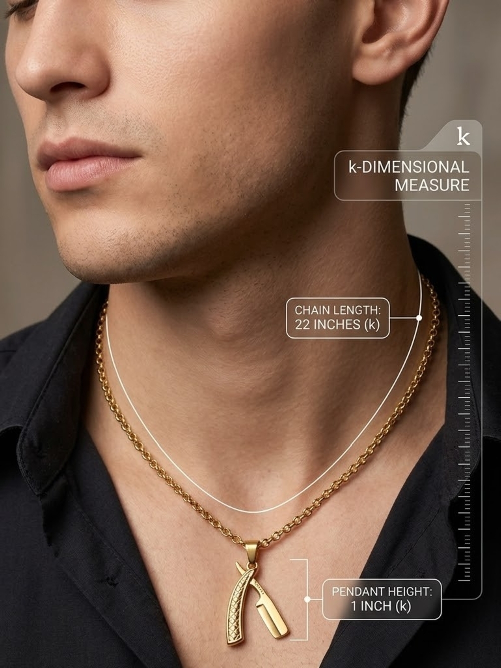 Gold Plated Stainless Steel Bar & Straight Razor Pendant Neclace for Men - 22" -